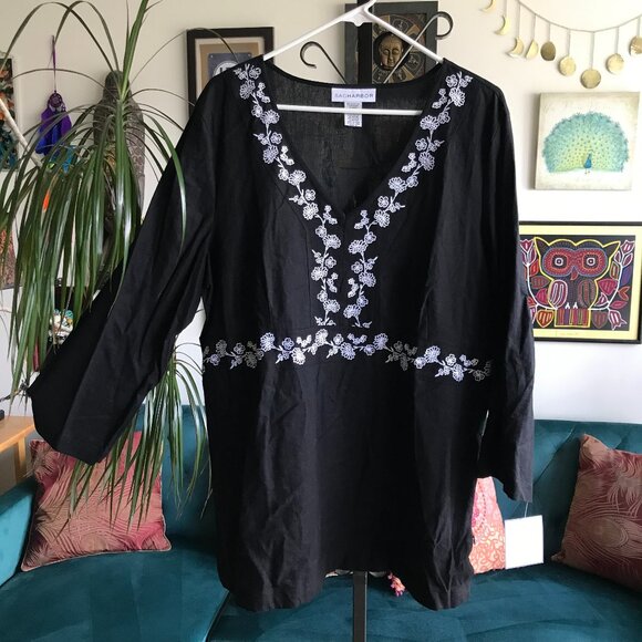 SAG HARBOR size XL Black Linen Blend White Embroidered Tunic Top NWT Bohemian - Picture 1 of 5